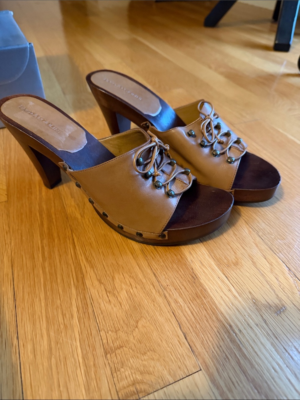 Enzo Tan and Dark Brown Lace-Up Leather Heeled Clogs